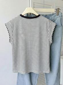 SHEIN 少女条纹圆领短袖休闲T恤，简约家居休闲服 - 黑與白 - 查看 2