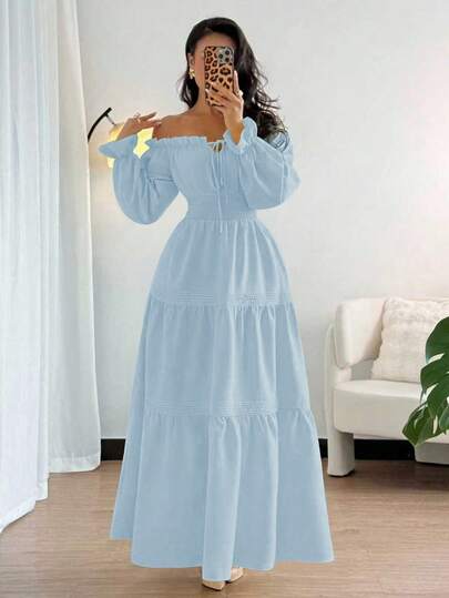Elenzga Nya Damklänningar med bara axlar, puffärmar, knytband, rosett i midjan, utsvängda volanger, skarvar, vår/höst, semester, casual, moderiktig, ung, daglig, mångsidig, smickrande, elegant, lång