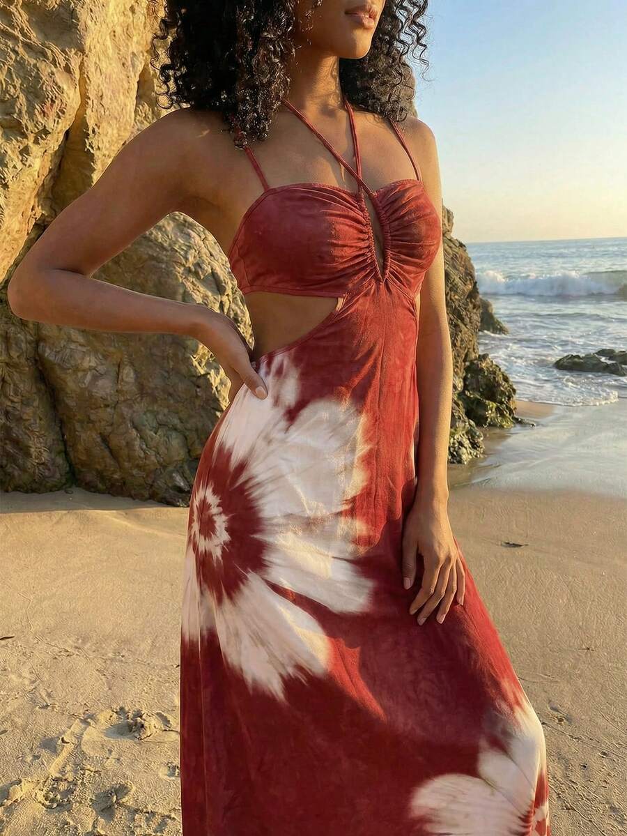 CAJUNI 女士印花镂空腰部吊带度假连衣裙 - 酒紅色 - 查看 1