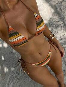 Swim Vcay Women's Spring/Summer Jacquard Fabric Halter Neck Braided Rope Metal Pendant Bikini Set - Multicolor - View 1