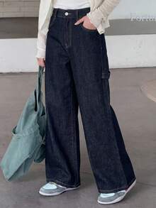 Dazy Kids Quần jeans ống rộng dáng suông phong cách retro cho bé gái tuổi teen, có túi hình trái tim, bạc màu và bạc màu, thích hợp mặc mùa hè. - Màu xanh lam - Xem 2