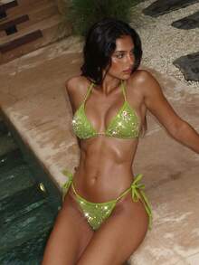 Lumalex 亮片刺绣面料金属串珠项链系带两件式泳衣套装，适合海滩穿着 - 綠色 - 查看 3