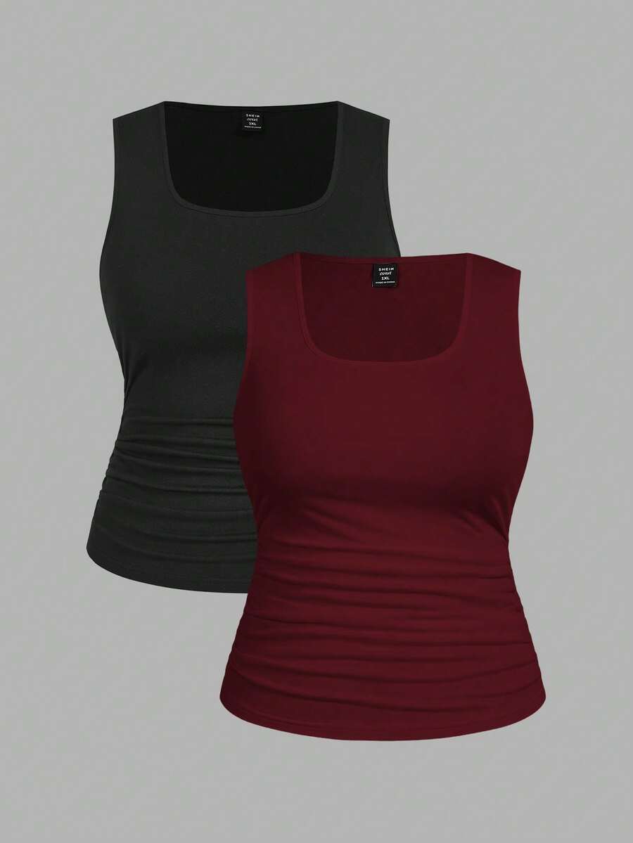 SHEIN LUNE 2件装休闲简约大码女式夏季背心上衣女式吊带衫 - 彩色 - 查看 1