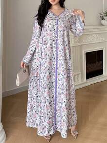 Al Najma Plus Size Women Elegant Floral Print Split Sleeve Arabic Style Dress - Multicolor - View 6