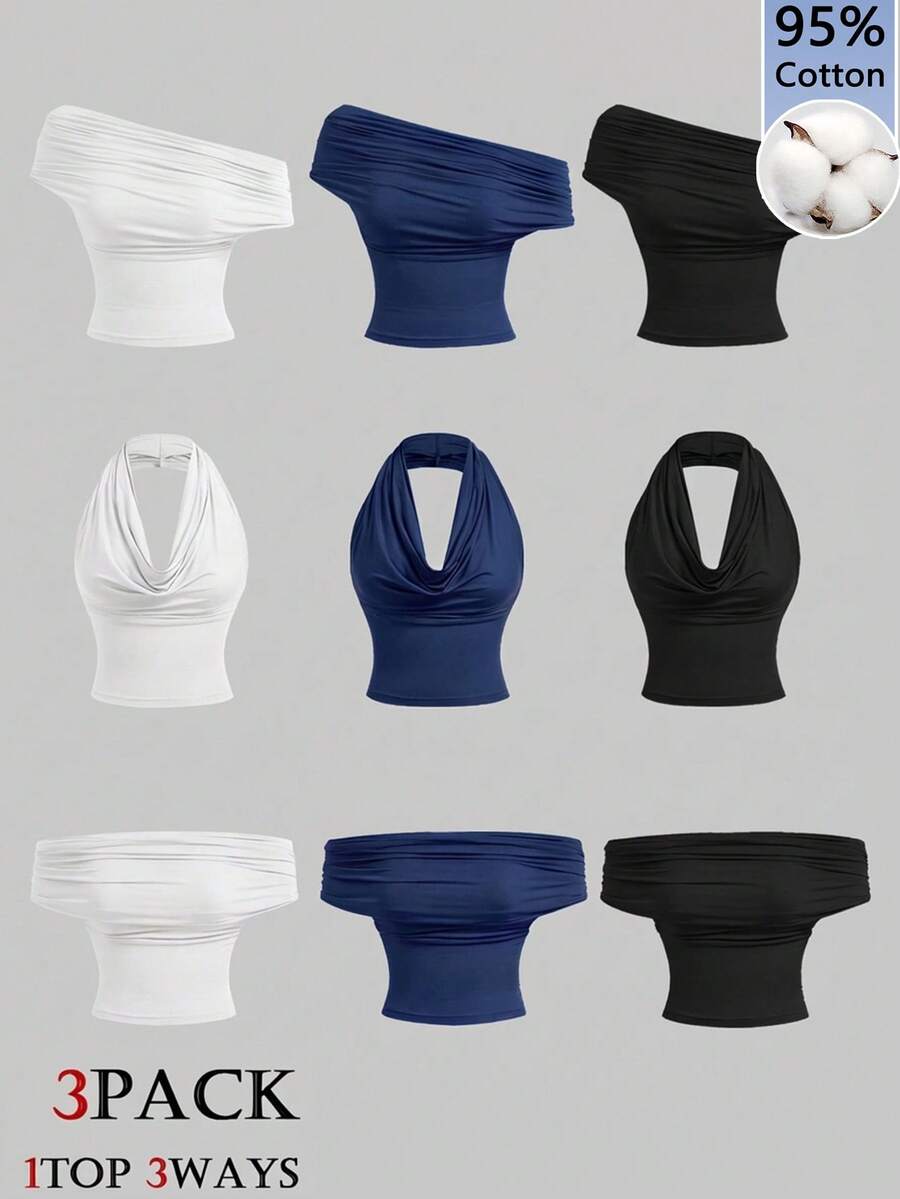 SHEIN MOD 女士95%棉三穿纯色修身上衣（黑色、白色和宝石蓝） - 垂领、露肩、无肩带，休闲美观的春夏上衣，适合参加节日、海滩度假、下午茶会、舞会、嘉年华、西部风情等场合，可爱又时尚。 - 彩色 - 查看 1