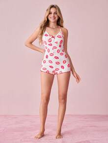 Bonmuse 唇印性感V型露背交叉绑带设计修身舒适女士连体睡衣 - 白色 - 查看 8