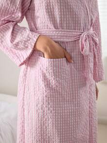 Ocili Women's Plaid Long Sleeve Robe With Belt - Pink - View 4
