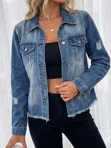 EMERY ROSE Women's Casual Washed Distressed Denim Jacket - Dark Wash - View 1