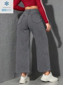 SHEIN Unity Celana Jeans Wanita Model Lebar dengan Saku dan Kancing, Kasual, Serbaguna untuk Pemakaian Sehari-hari - Light Grey - View 3