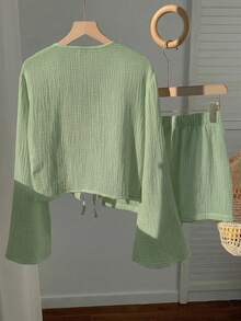 SHEIN EZwear 新款春夏梭织棉麻女士休闲家居服套装，灰绿色 - 橄欖綠 - 查看 4