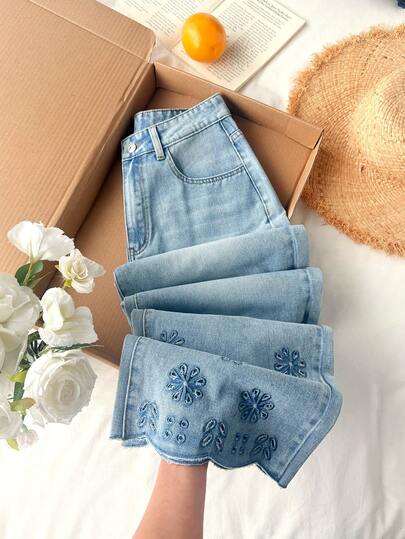 Comfortcana Hollow Embroidered Straight-Leg Women's Cropped Jeans Summer Outfits Summer Outfits For Women Spring Clothing Easter Jeans Festival Outfits For Women Beach Outfits For Women Casual Jeans For Women Vacation Outfits Women Summer Holiday Outfits Beach Vacation Outfits For Women Floral Jeans Blue Jeans Flower Jeans