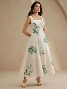 Anewsta Petite 女士优雅印花 A 字连衣裙，3D 立体花朵装饰，休闲日常穿着，适合日常、度假、海滩等场合。 - 綠色 - 查看 3