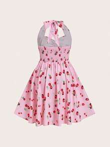 Sweetra Vestido de línea A con estampado de cerezas y cuello halter para tallas grandes - Rosa Pálido - Ver 2