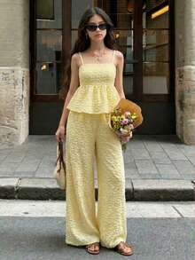 SHEIN Teen Girls' Casual Vacation Textured Cream Yellow Camisole And Pants Set, Summer - Yellow - View 8