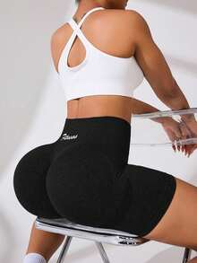 SHEIN Velisys Letter Print High Waist Seamless Tight Workout Shorts, Summer - Multicolor - View 2