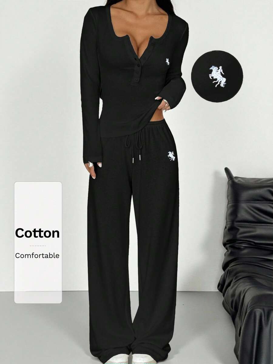 SHEIN EZwear 女款黑色針織長袖上衣與長褲休閒套裝,棉質舒適兩件套居家休閒服 - 黑色 - 查看 1