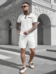 Manfinity CasualCool Men's Waffle Knit Polo Shirt And Shorts Set,White And Brown Contrast Collar 2 Piece Outfits,Summer Casual Vacation Old Money Style Sweatsuit For Men - Beige - View 7