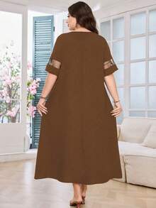 Lacomfia Plus Size Brown Floral Print Round Neck Short Sleeve Dress - Orange - View 2
