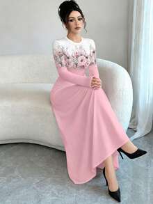 Modelyn Gaun Maxi A-Line Lengan Panjang Leher Bulat Motif Gradien Bunga Elegan untuk Wanita, Musim Semi - MultiWarna - View 5
