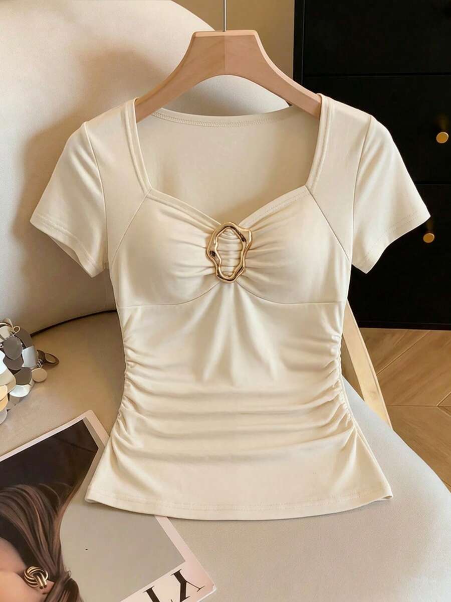 Franclia Apricot Knitted Fabric Square Neck Ruched Short Sleeve Casual T-Shirt For Women - Apricot - View 1