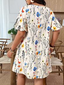 SHEIN LUNE Plus Size Women's Fashionable Spring/Summer French Romantic Retro Elegant Casual Commute Floral Print Dress - Apricot - View 2
