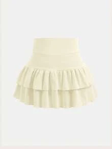 SHEIN Girlism Tween Girls Knitted Solid Color Cute Ruffle Layered Built-In Shorts Mini Skirt, Y2K Fashion, Back To School,Kids - Beige - View 2