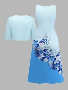 Franclia Conjunto de 2 peças: Vestido regata com decote em V e cardigã aberto de manga curta. Ideal para ocasiões especiais, como primavera. Vestido elegante para mulheres, perfeito para convidadas de casamento. Lindo vestido para ocasiões especiais. Vestido floral azul. Vestido floral azul feminino. Vestido floral feminino. - Azul - Ver 2