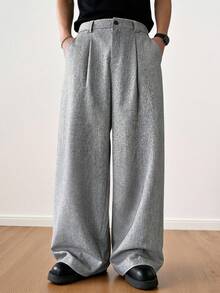 TOKVUE Pantalones grises casuales de pierna ancha y plisados para hombres - Gris Claro - Ver 4