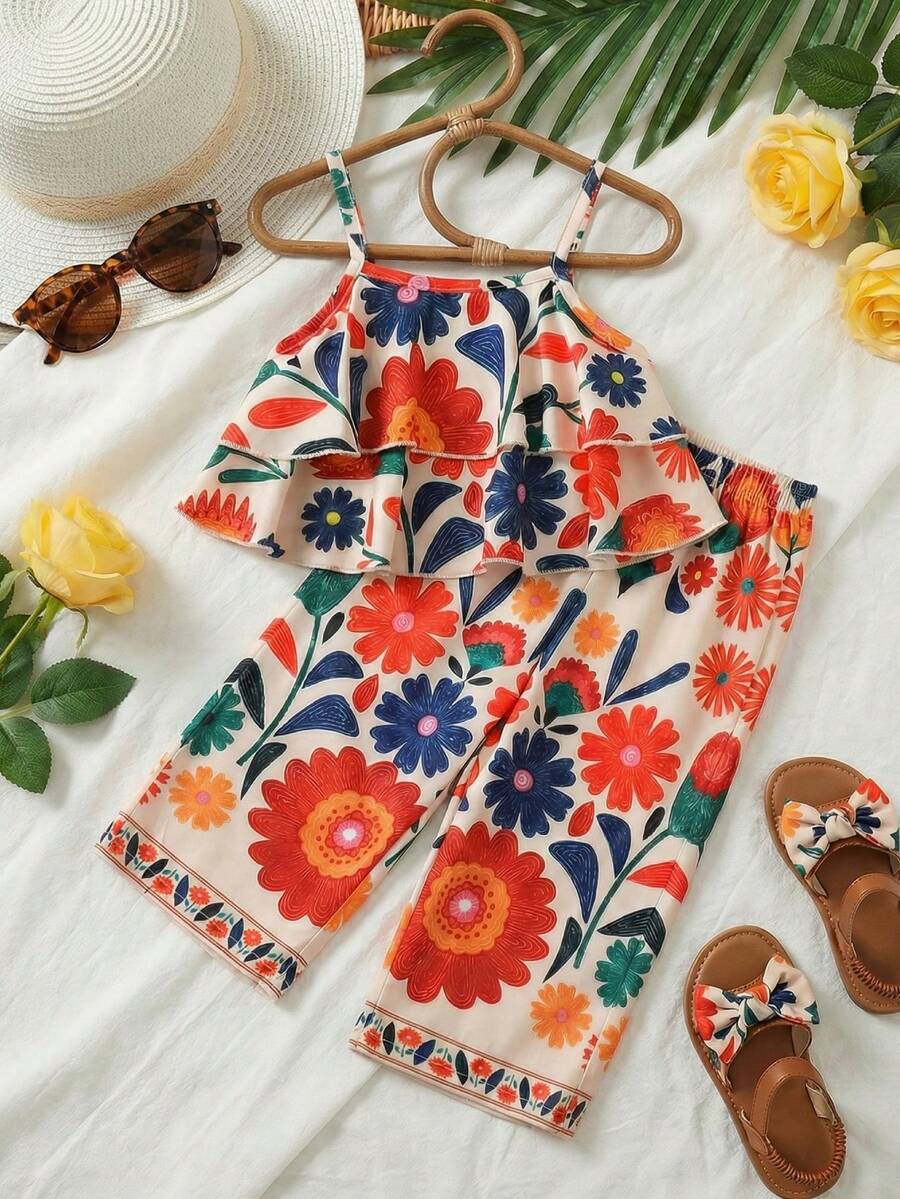 SHEIN Playful Pals 两件套女童碎花宽松吊带背心+裤子,度假风休闲夏季套装。色彩缤纷的碎花吊带背心套装充满夏日气息,采用舒适亲肤的面料。吊带背心搭配阔腿裤,尽显童趣可爱,适合女孩日常穿着、户外活动或夏季家庭聚会。 - 彩色 - 查看 1