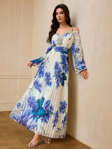ZEYLAH WOMEN'S FLORAL PRINT COLD SHOULDER LANTERN SLEEVE PLEATED DRESS - Blue and White - View 6