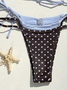 Swim Mod 2026春夏新款时尚波点印花吊带+纯色挂脖上衣+撞色侧边抽绳泳裤三件套性感露背比基尼泳衣套装（女款） - 彩色 - 查看 5