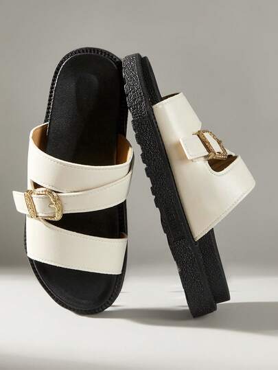 Solecia New Fashion Metal Buckle Decor Slip-On Sandals, Open Toe, Platform Thick Sole, Comfortable Non-Slip, Versatile, Easy To Clean, Beach Slippers Suitable For Daily Wear