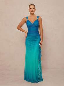 Lumalex Đầm nữ ombre cổ tim không tay dây bản rộng xếp nếp, thời trang mùa hè. - màu xanh lá - Xem 9