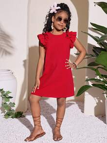 Tween Girls' Casual Daily Vacation Round Neck Ruffle Short Cap Sleeve Straight Dress, 100% Cotton - Red - View 3