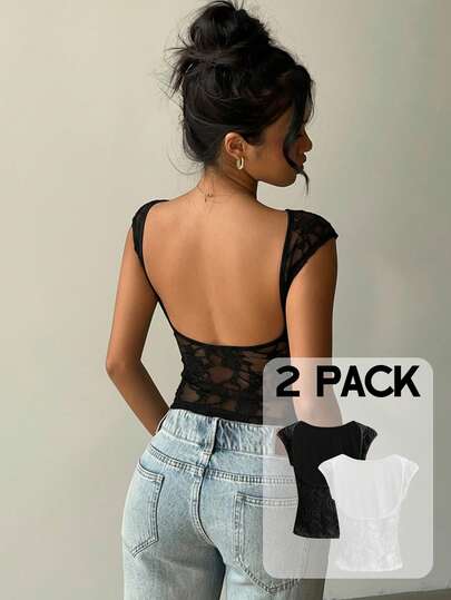  Aloruh Lace Patchwork Sexy Backless Y2K 2 Pieces Top - Elegant & Sexy, Suitable For Parties, Cocktail Events, Spring Break, Music Festivals, Essential For Women In Spring