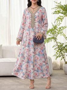 Al Najma 女士花卉印花钩编拼接长袖连衣裙，优雅端庄的A字型卡夫坦长袍，适合晚宴/婚礼宾客/周年纪念/日常穿着 - 淺粉色 - 查看 3