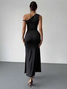 RiviMae 女士不对称领性感蕾丝拼接修身鱼尾连衣裙/黑色连衣裙/女士夏季连衣裙 - 黑色 - 查看 5