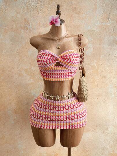 Mistrie 女士彩色条纹印花扭结镂空抹胸上衣和迷你裙两件套