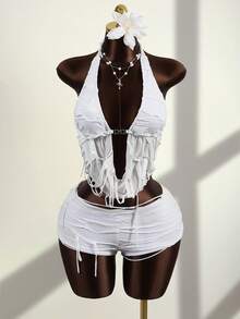 Zestiva Vacation Tassel Halter V-Neck Crop Top 2 Pieces Set, Suitable For Beach Vacation, Party - White - View 1