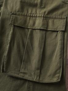 Manfinity Joysei Pantalones vaqueros cargo de pierna ancha con bolsillo con solapa de unicolor, estilo minimalista y casual para hombres - Verde militar - Ver 5