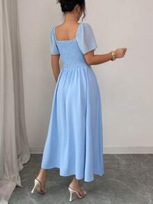 Elenzga Vestido ajustado de manga corta con cuello cuadrado y bajo acampanado, color azul cielo, para primavera/verano - Azul cielo - Ver 2