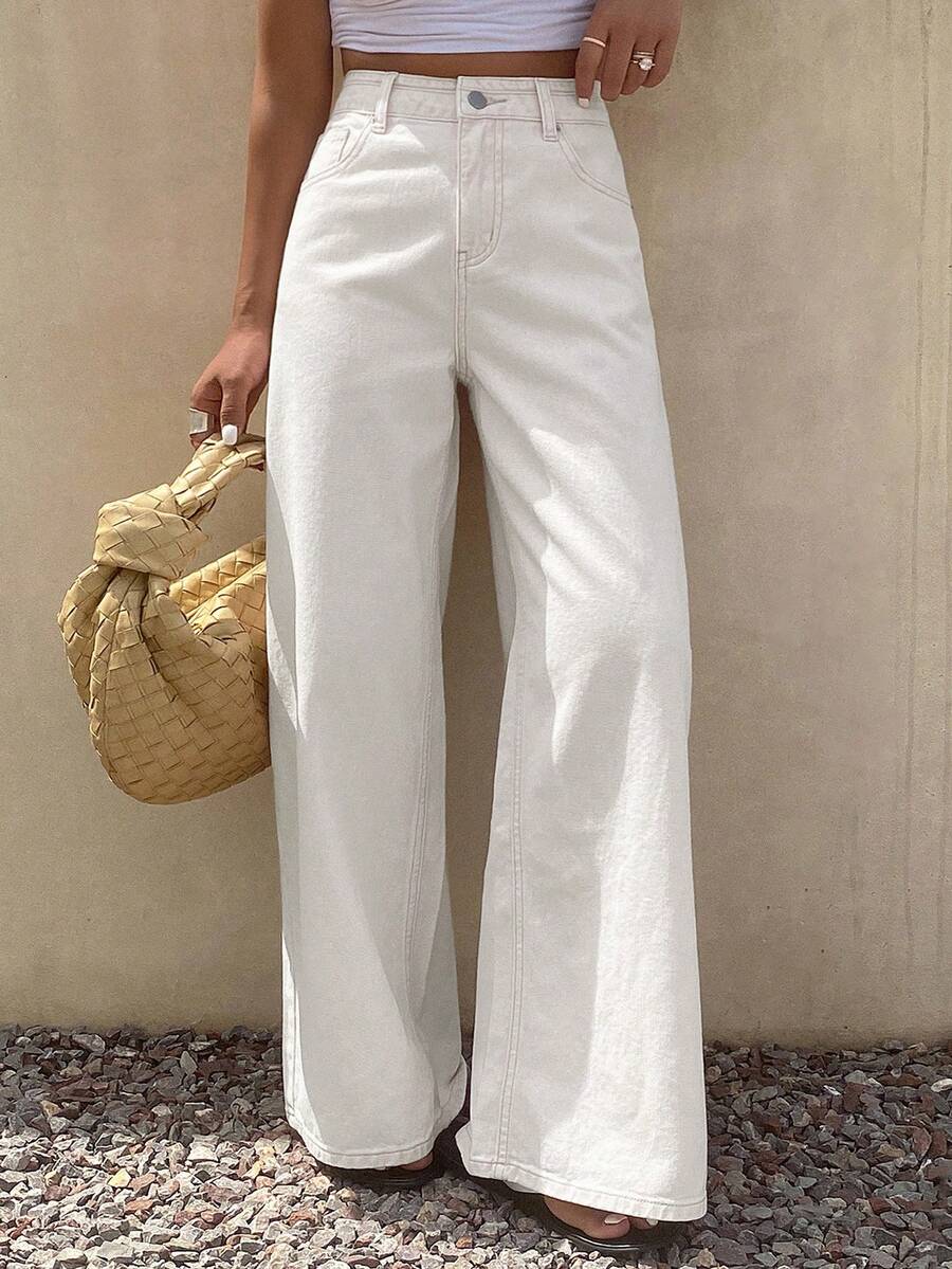Livesso Petite Jeans de pierna ancha de unicolor versátiles y casuales para mujer, verano - Blanco - Ver 1
