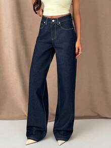 EURMUSE High Waist Raw Wash 100% Cotton Straight Leg Denim Jean - Dark Wash - View 4