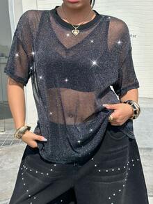 Muchica 大码女式休闲圆领短袖日常上衣 - 黑色 - 查看 3