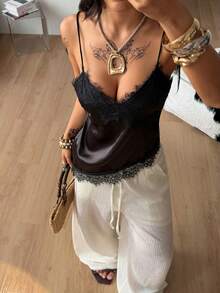 Coolane Women's Spring Streetwear Y2K Casual Chic Daily Wear Fitted Lace Patchwork V-Neck Sleeveless Tank Tops - Black - View 4