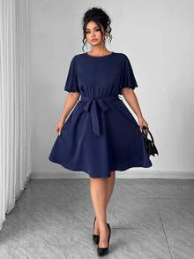 Elenzga Plus Size Women's Round Neck Lace Patchwork Ruffle Sleeve Hollow Back Casual Dress, Business Casual, Summer Women Outfit, Elegant, Formal Women Dresses, Evening Dress, Sleeveless, Lace Dress, Wedding Women Dress, Wedding Guest - Navy Blue - View 5