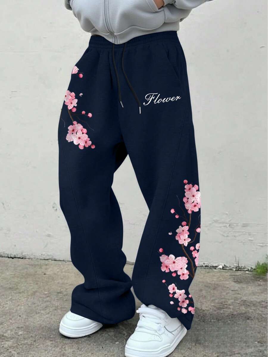 Manfinity EMRG Quần nỉ nam in chữ và hoa, cạp chun, kiểu dáng thường ngày, có dây rút. - Xanh đậm - Xem 1