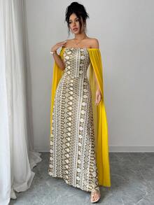 SHEIN Franclia 女士休闲印花撞色网纱长袖绿色度假连衣裙 - 黃色 - 查看 8