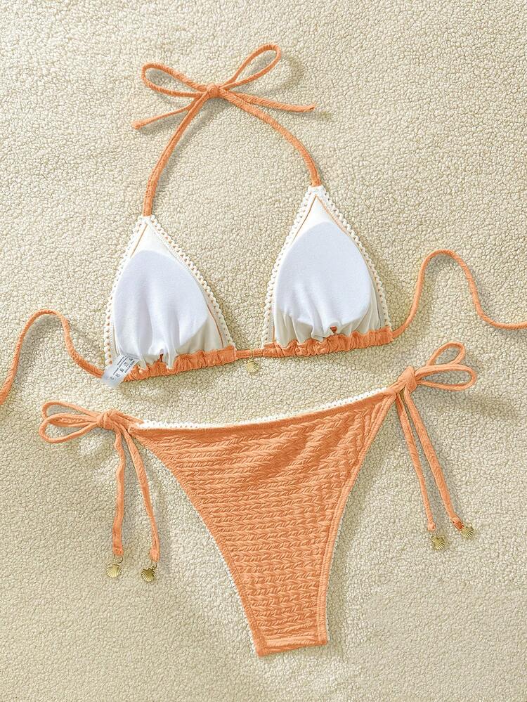 SHEIN Swim Mod Bộ bikini buộc dây cổ trước màu trơn dành cho nữ - trái cam - Xem 2