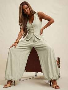 NYA SZN 女士套装（上衣+裤子）上衣背心深V领纽扣修身长裤高腰飘逸褶皱裤适合办公室、商务休闲、日常休闲、早午餐、端庄教堂、秋冬季通勤穿着 - 米色 - 查看 7